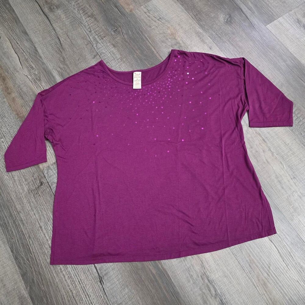 Faded Glory Women 2X Tunic Top Burgundy Purple Sequin Knit Blouse